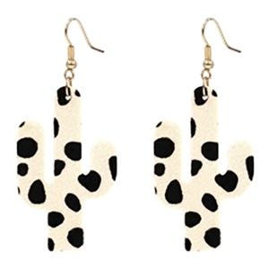 WHITE CACTUS ANIMAL LEATHER PRINT HOOK EARRINGS-LEOPARD